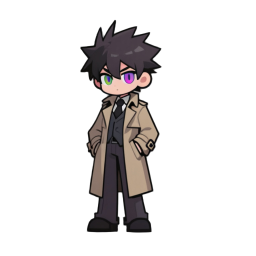 character sprite, full body, 1boy, dandadan style male detective, hands in trench coat pockets, neutral pose, heterochromia eyes, spiky hair, plain background, no props