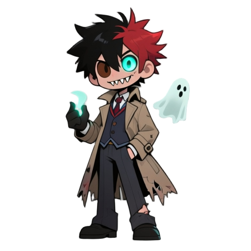 masterpiece, best quality, 1boy, a quirky male detective with sharp canines and wild, spiky black-and-red hair, wearing a tattered trench coat over a school uniform. he has one normal brown eye and one glowing supernatural eye that can see ghosts. dynamic