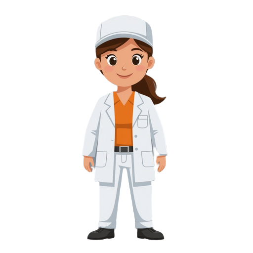 laboratory worker, photographed from the front, white work cap, orange shirt, white coat, white work trousers, small black belt, black shoes.