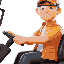 forklift driver, sitting in a forklift, orange baseball cap, transparent safety glasses, orange shirt, orange work jacket, black jeans-style work trousers, black shoes.driving right.
