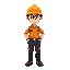 food-factory worker, photographed from the front, orange work cap, transparent safety glasses, orange shirt, black work trousers, black-and-red safety shoes.