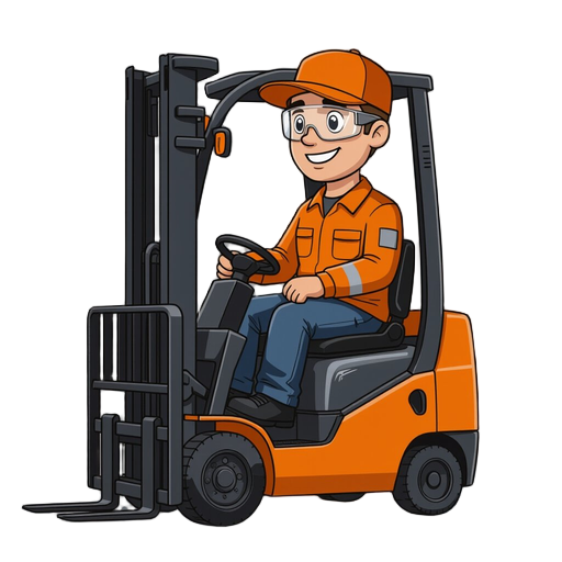 forklift driver, sitting in a forklift, orange baseball cap, transparent safety glasses, orange shirt, orange work jacket, black jeans-style work trousers, black shoes.