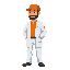 laboratory worker, photographed from the front, orange work cap, orange shirt, white coat, white work trousers, black belt, black shoes.