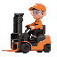 forklift driver, sitting in a forklift, orange baseball cap, transparent safety glasses, orange shirt, orange work jacket, black jeans-style work trousers, black shoes.driving right.