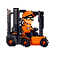 forklift driver, sitting in a forklift, orange baseball cap, transparent safety glasses, orange shirt, orange work jacket, black jeans-style work trousers, black shoes.driving right.