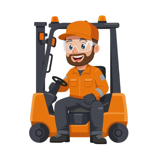 forklift driver, sitting in a forklift, orange baseball cap, transparent safety glasses, orange shirt, orange work jacket, black jeans-style work trousers, black shoes.