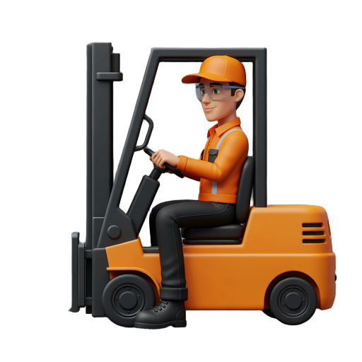 a forklift driver, sitting in a forklift, wearing an orange work cap, clear safety glasses, an orange shirt, an orange work jacket, black jeans-style work trousers, black shoes