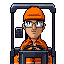 a forklift driver at a soft drink factory, shown sitting in a forklift from the front; the worker is seated in the forklift, wearing an orange work cap, clear safety glasses, an orange shirt, an orange work jacket, black jeans-style work trousers, and bla