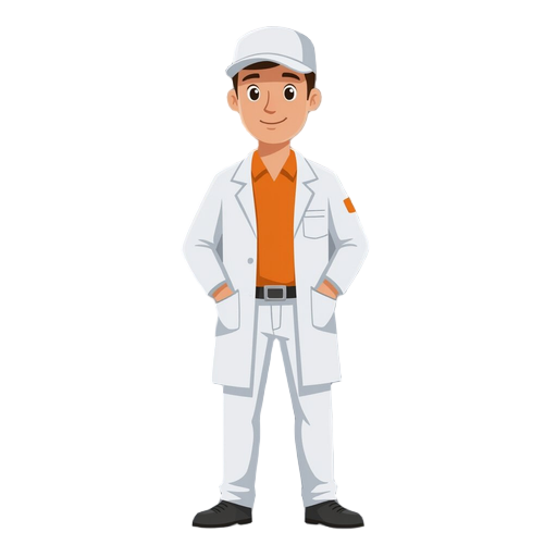 laboratory worker, photographed from the front, white work cap, orange shirt, white coat, white work trousers, black belt, black shoes.