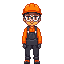 food-factory worker, photographed from the front, orange work cap, transparent safety glasses, orange shirt, black work trousers, black-and-red safety shoes.