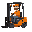 forklift driver, sitting in a forklift, orange baseball cap, transparent safety glasses, orange shirt, orange work jacket, black jeans-style work trousers, black shoes.