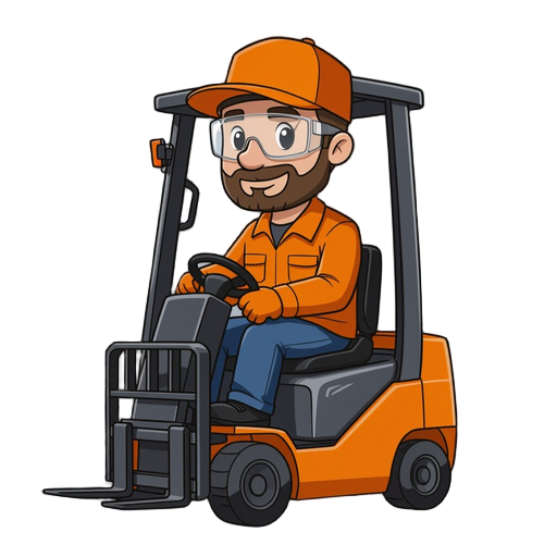 forklift driver, the worker is sitting in a forklift, the worker is wearing an orange work cap, transparent safety glasses, an orange shirt, an orange work jacket, black jeans-style work trousers, and black shoes.