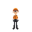 food-factory worker, photographed from the front, orange work cap, transparent safety glasses, orange shirt, black work trousers, black-and-red safety shoes.