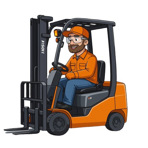 a forklift driver at a soft drink factory, shown sitting in a forklift from the front; the worker is seated in the forklift, wearing an orange work cap, clear safety glasses, an orange shirt, an orange work jacket, black jeans-style work trousers, and bla