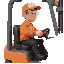 forklift driver, sitting in a forklift, orange baseball cap, transparent safety glasses, orange shirt, orange work jacket, black jeans-style work trousers, black shoes.driving right.