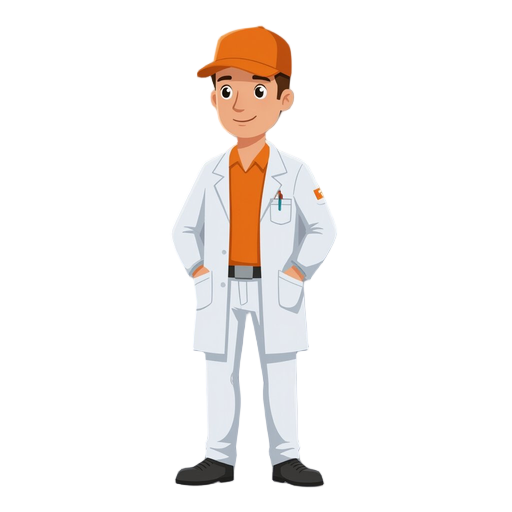 laboratory worker, photographed from the front, orange work cap, orange shirt, white medical doctor style coat, white work trousers, black belt, black work shoes.