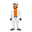 laboratory worker, photographed from the front, white cap, orange shirt, white coat, white work trousers, black belt, black shoes.