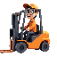 forklift driver, sitting in a forklift, orange baseball cap, transparent safety glasses, orange shirt, orange work jacket, black jeans-style work trousers, black shoes.driving right.