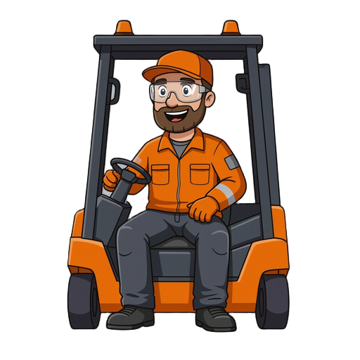 a forklift driver at a soft drink factory, shown sitting in a forklift from the front; the worker is seated in the forklift, wearing an orange work cap, clear safety glasses, an orange shirt, an orange work jacket, black jeans-style work trousers, and bla