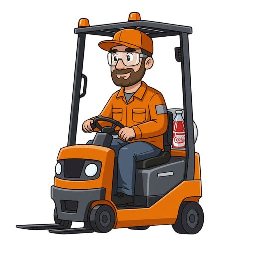 a forklift driver at a soft drink factory, seen from the front, the worker is sitting in the forklift and is wearing an orange work cap, clear safety glasses, an orange shirt, an orange work jacket, black jeans-style work trousers, and black shoes.
