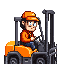 forklift driver, sitting in a forklift, orange baseball cap, transparent safety glasses, orange shirt, orange work jacket, black jeans-style work trousers, black shoes.