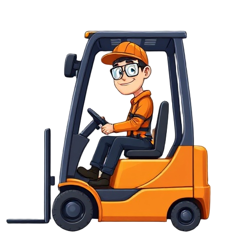a forklift driver at a soft drink factory, shown sitting in a forklift from the front; the worker is seated in the forklift, wearing an orange work cap, clear safety glasses, an orange shirt, an orange work jacket, black jeans-style work trousers, and bla