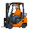 a forklift driver at a soft drink factory, shown sitting in a forklift from the front; the worker is seated in the forklift, wearing an orange work cap, clear safety glasses, an orange shirt, an orange work jacket, black jeans-style work trousers, and bla
