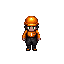 food-factory worker, photographed from the front, orange work cap, transparent safety glasses, orange shirt, black trousers, black-and-red safety shoes.