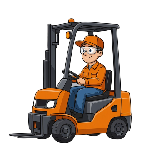 a forklift driver at a soft drink factory, shown sitting in a forklift from the front; the worker is seated in the forklift, wearing an orange work cap, clear safety glasses, an orange shirt, an orange work jacket, black jeans-style work trousers, and bla
