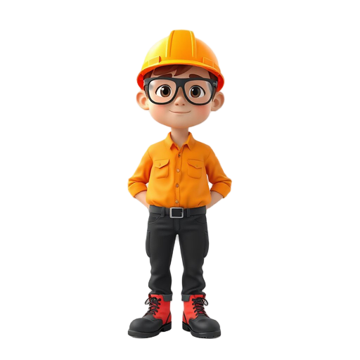 food-factory worker, photographed from the front, orange work cap, transparent safety glasses, orange shirt, black work trousers, black-and-red safety shoes.