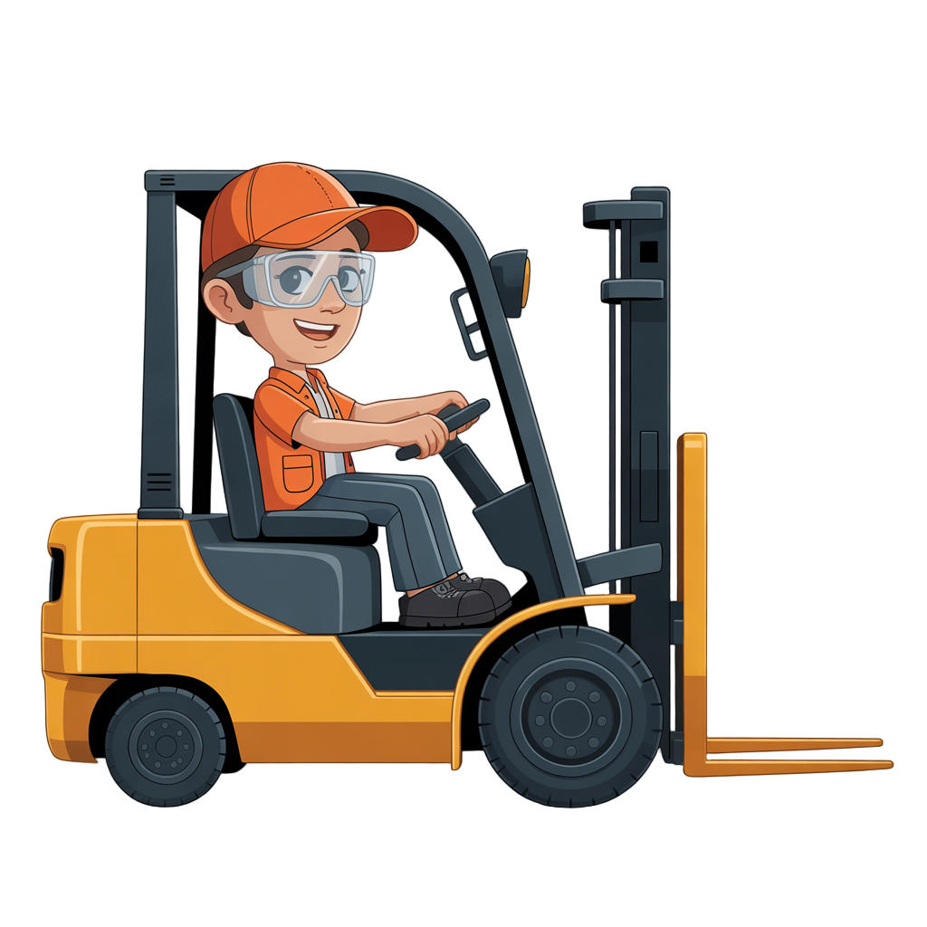 forklift driver, sitting in a forklift, orange baseball cap, transparent safety glasses, orange shirt, orange work jacket, black jeans-style work trousers, black shoes.driving right.