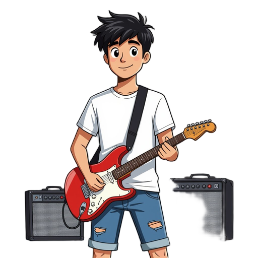 a 18 years old guy aspiring to be a rockstar using a white t-shirt, jeans shorts and classes. short messed black hair