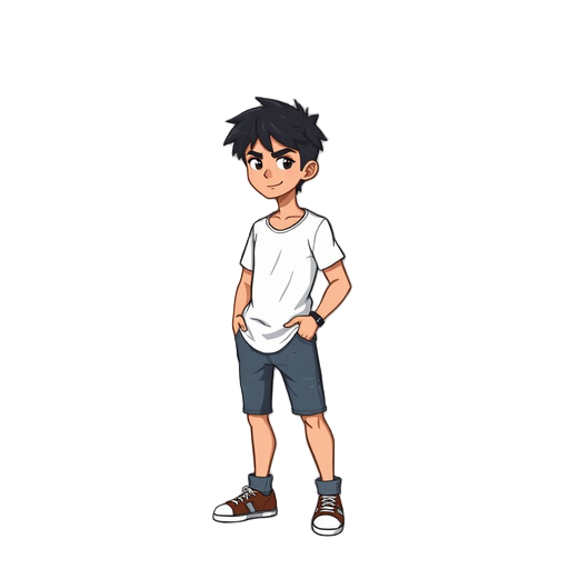 a 18 years old guy aspiring to be a rockstar using a white t-shirt, jeans shorts and classes. short messed black hair. punch club pixel artstyle