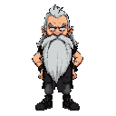 make an big old man with long gray beard and hair, sad/angry countenance, wearing black and white clothes. make it seem like he's a guy who really likes rock music.