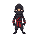 ninja com capuz e roupas com datalhes em roxo e preto
