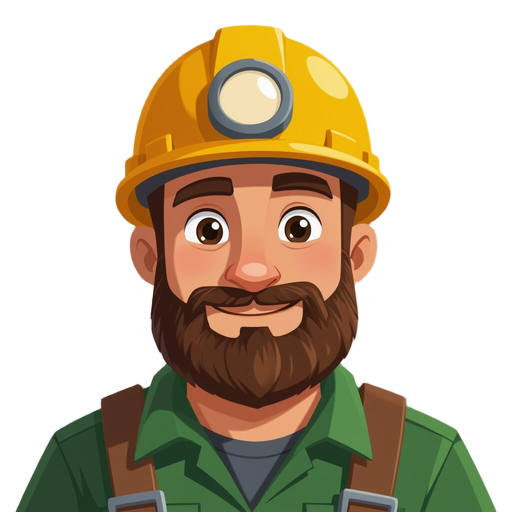 male miner wearing helmet.  had a beard.  clothes are primarily dark green.