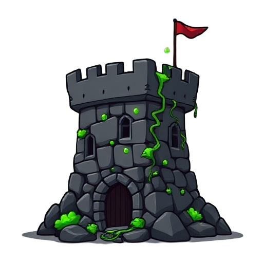 tower for a tower defense game, made out of black rocks in a medieval stye, minimal linework, front facing, with green poison bubbles and green vines on the rocks