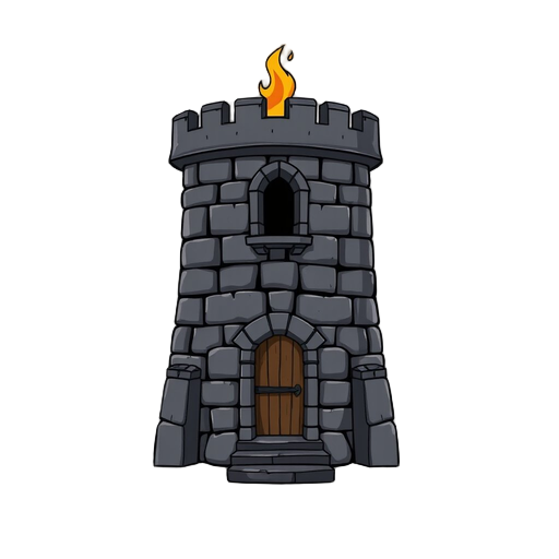 front facing view tower for a tower defense game, made out of black rocks in a medieval stye, minimal linework, with fire coming out of the top and the windows and the front door