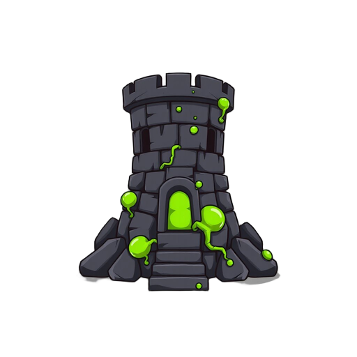 tower for a tower defense game, front facing view, made out of black rocks in a medieval stye, minimal linework, with green poison bubbles and green vines on the rocks