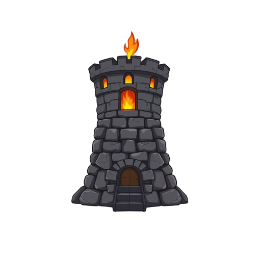 tower for a tower defense game, front facing view, made out of black rocks in a medieval stye, minimal linework, with fire on the top and lava coming out of the windows