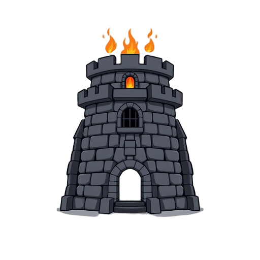 front facing view tower for a tower defense game, made out of black rocks in a medieval stye, minimal linework, with fire coming out of the top and the windows