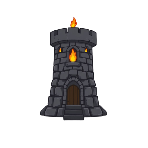 front facing view tower for a tower defense game, made out of black rocks in a medieval stye, minimal linework, with fire coming out of the top and the windows