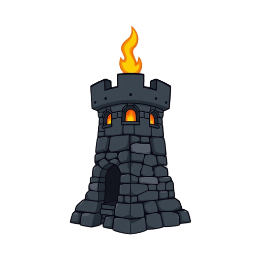 tower for a tower defense game, front facing view, made out of black rocks in a medieval stye, minimal linework, with fire on the top and lava coming out of the windows