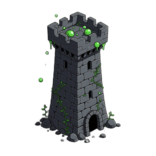 tower for a tower defense game, made out of black rocks in a medieval stye, minimal linework, front facing, with green poison bubbles and green vines on the rocks