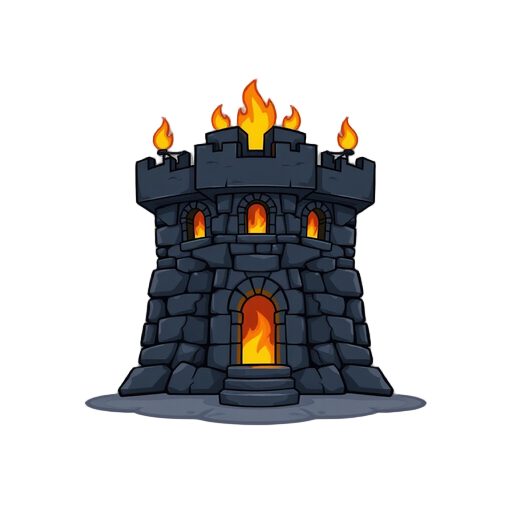 front facing view, tower for a tower defense game, made out of black rocks in a medieval stye, minimal linework, with fire on the top and lava coming out of the windows