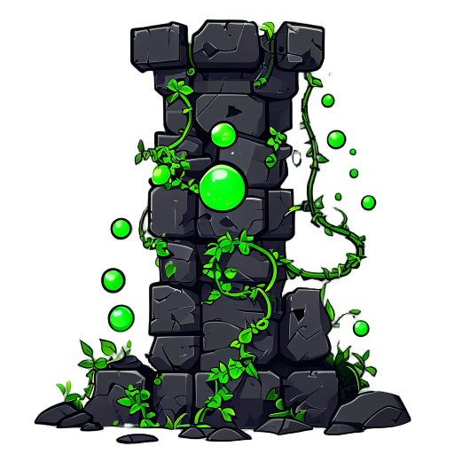 tower for a tower defense game, front facing view, made out of black rocks in a medieval stye, minimal linework, with green poison bubbles and green vines on the rocks