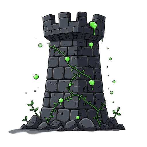 tower for a tower defense game, made out of black rocks in a medieval stye, minimal linework, front facing, with green poison bubbles and green vines on the rocks