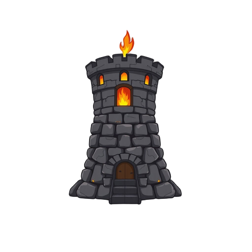 tower for a tower defense game, front facing view, made out of black rocks in a medieval stye, minimal linework, with fire on the top and lava coming out of the windows