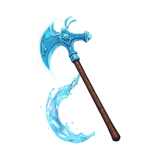 a magnificent and ethereal battle axe with a blade entirely composed of shimmering, flowing water. the water blade is perfectly shaped like an axe head, yet it constantly moves and undulates, appearing both solid and fluid, perhaps with small, contained e