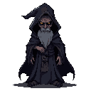 a sinister dark wizard, cloaked in heavy, shadowed robes that obscure most of his form, perhaps tattered or adorned with ominous symbols. his face, if visible, is gaunt and etched with age and malevolence, with sharp features and piercing, glowing eyes (e